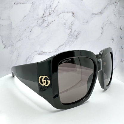Gucci GG1402S 001 black square wrap grey lens gold logo sunglasses side view