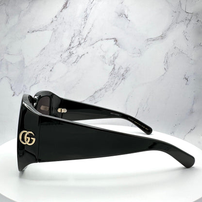 Gucci GG1402S 001 black square wrap grey lens gold logo sunglasses side view with temple arms