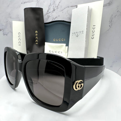 Gucci GG1402S 001 black square wrap grey lens gold logo sunglasses side view with case and care material