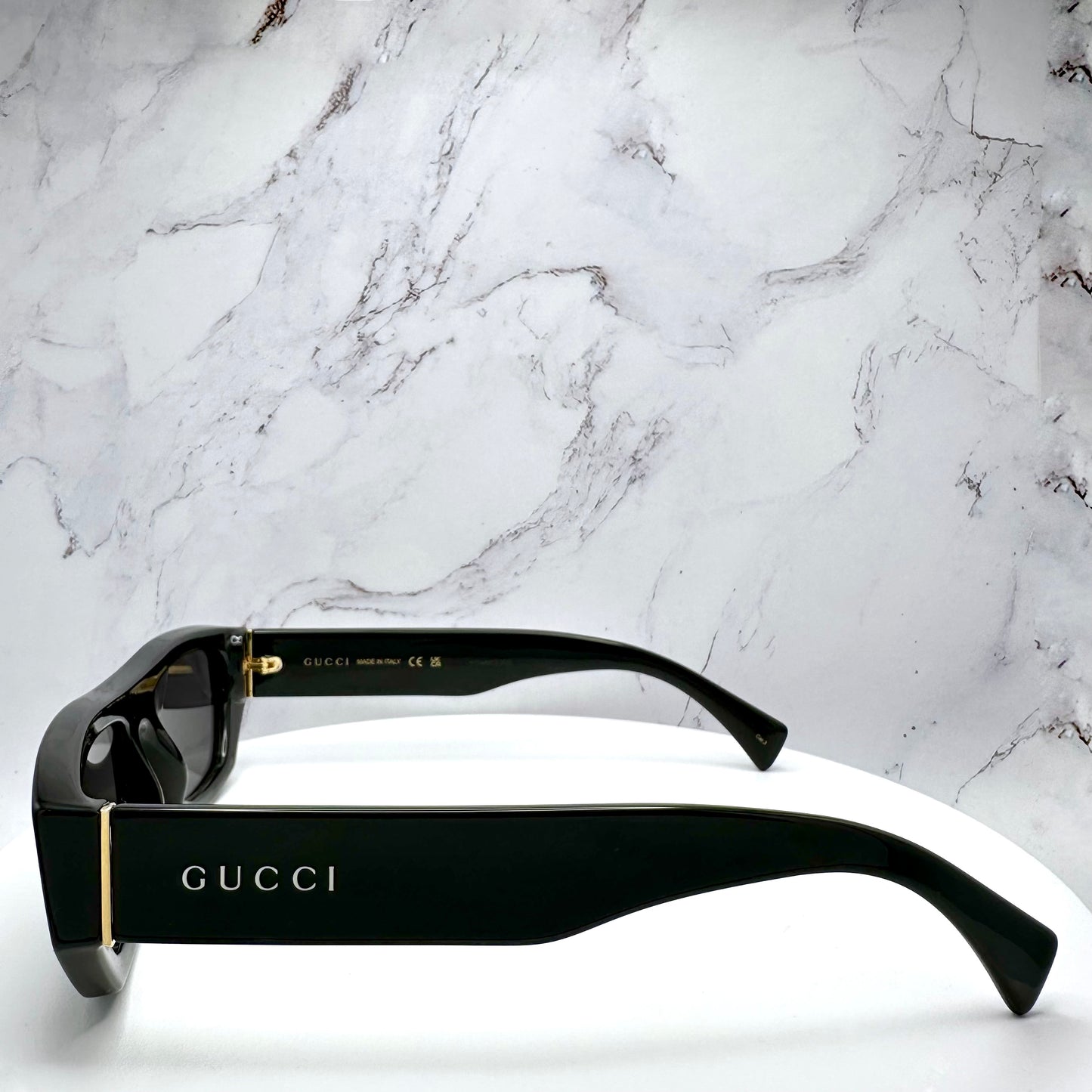 Gucci GG1134S Sunglasses Black Gold Rectangle Square White Letter Logo