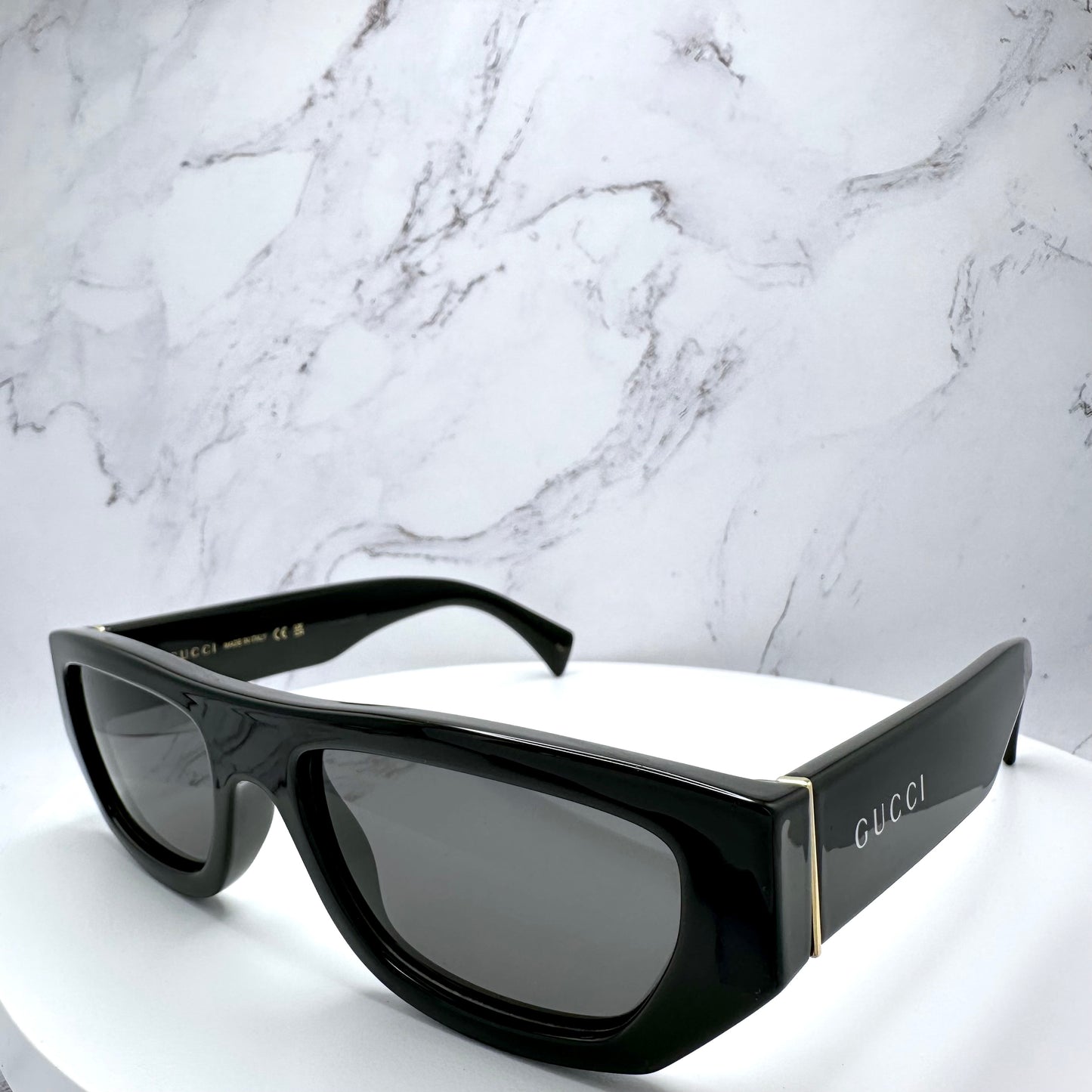 Gucci GG1134S Sunglasses Black Gold Rectangle Square White Letter Logo