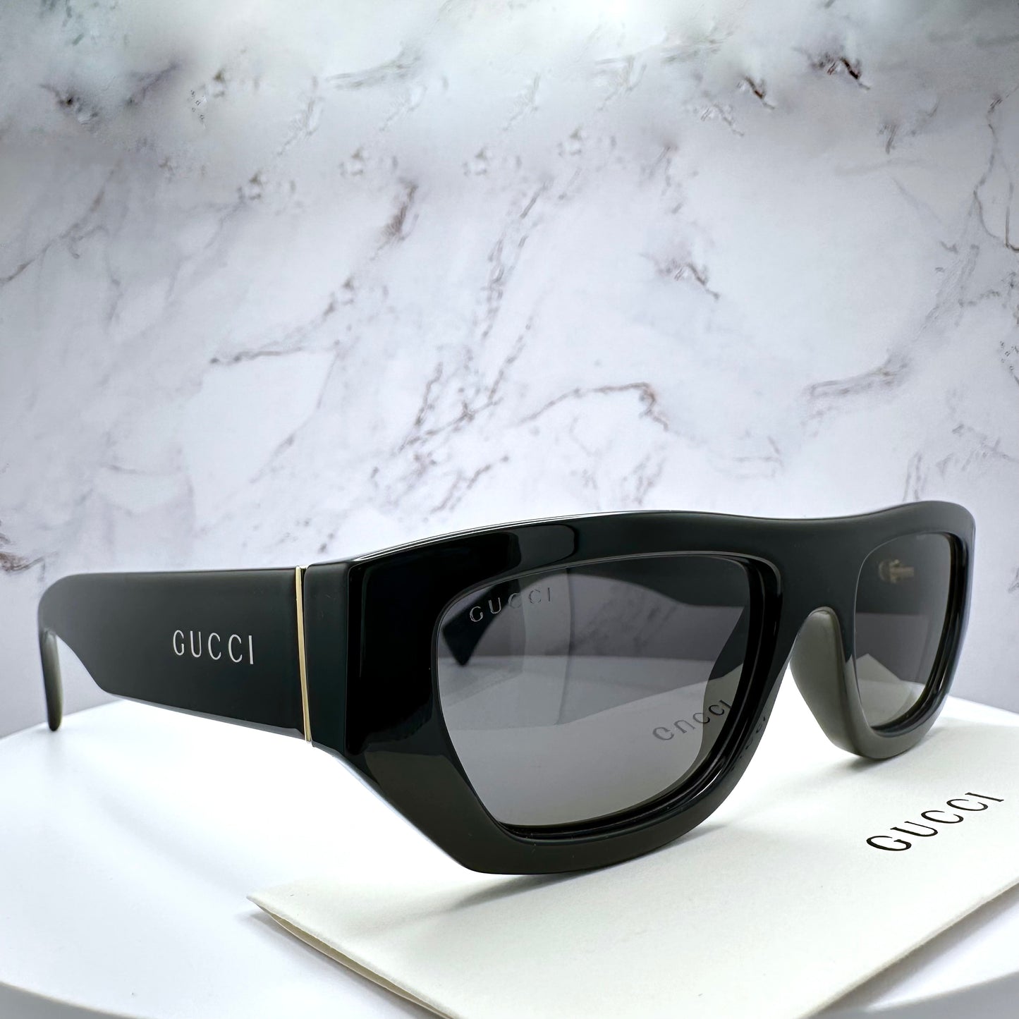 Gucci GG1134S Sunglasses Black Gold Rectangle Square White Letter Logo