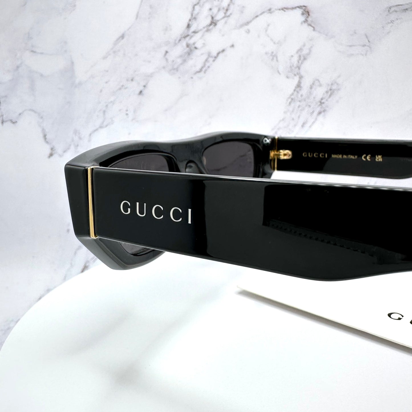 Gucci GG1134S Sunglasses Black Gold Rectangle Square White Letter Logo