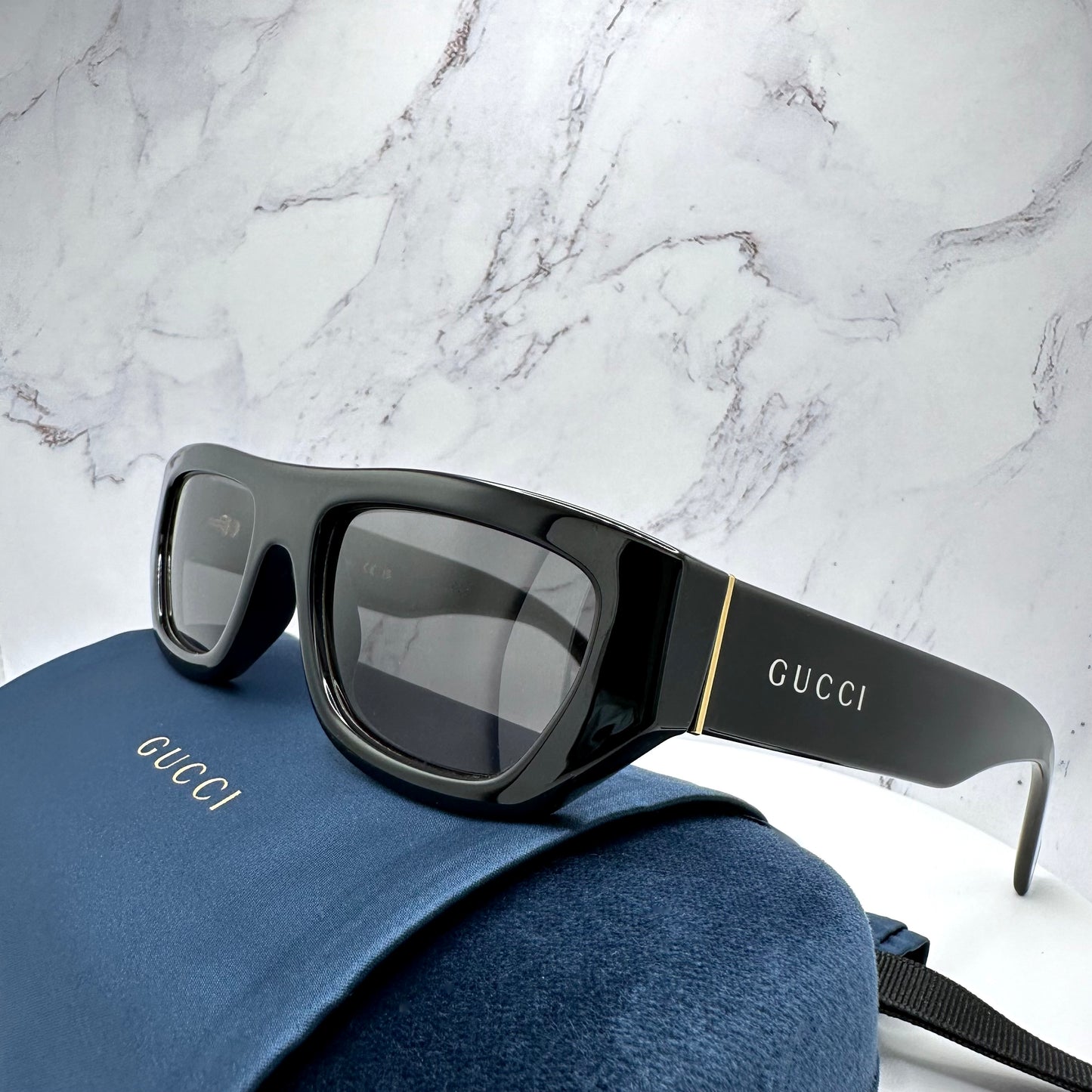 Gucci GG1134S Sunglasses Black Gold Rectangle Square White Letter Logo