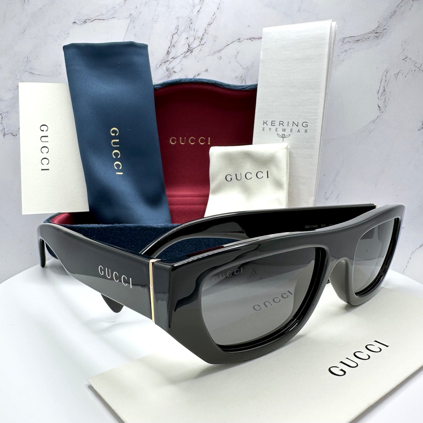 Gucci GG1134S Sunglasses Black Gold Rectangle Square White Letter Logo