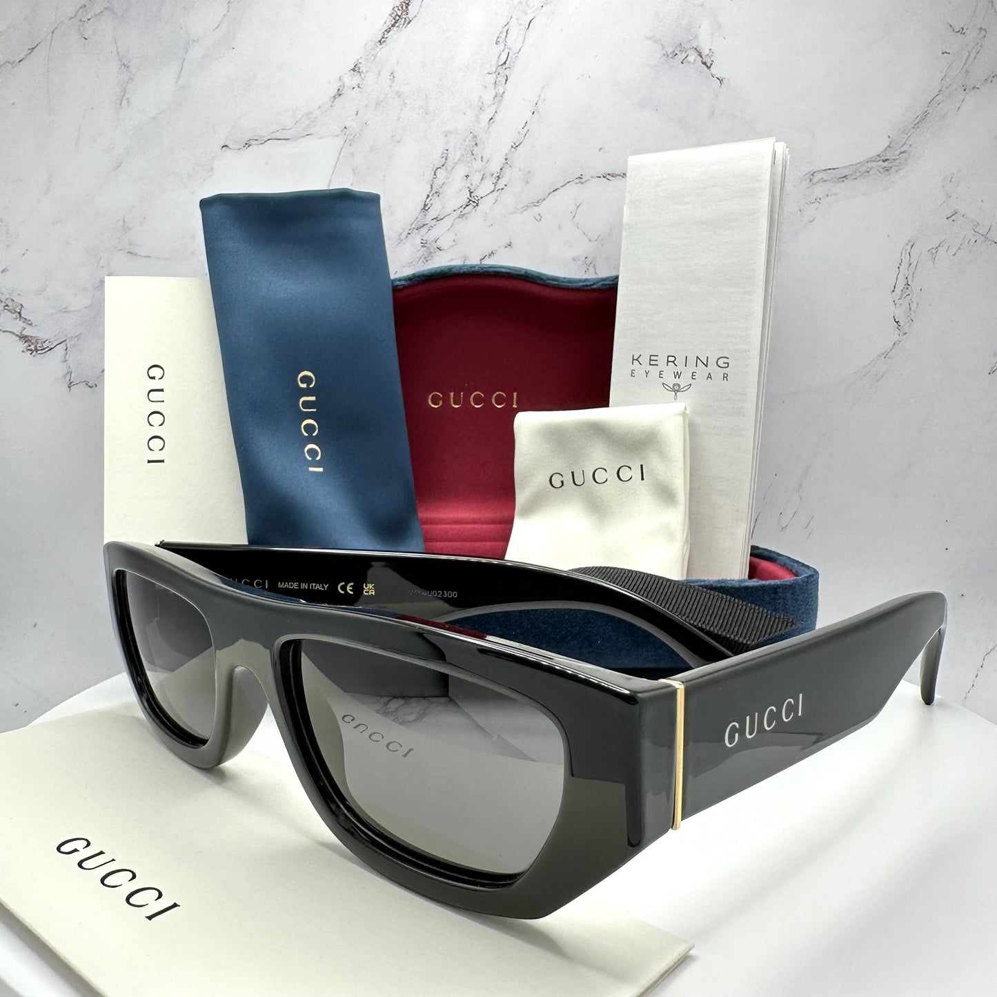 Gucci GG1134S Sunglasses Black Gold Rectangle Square White Letter Logo