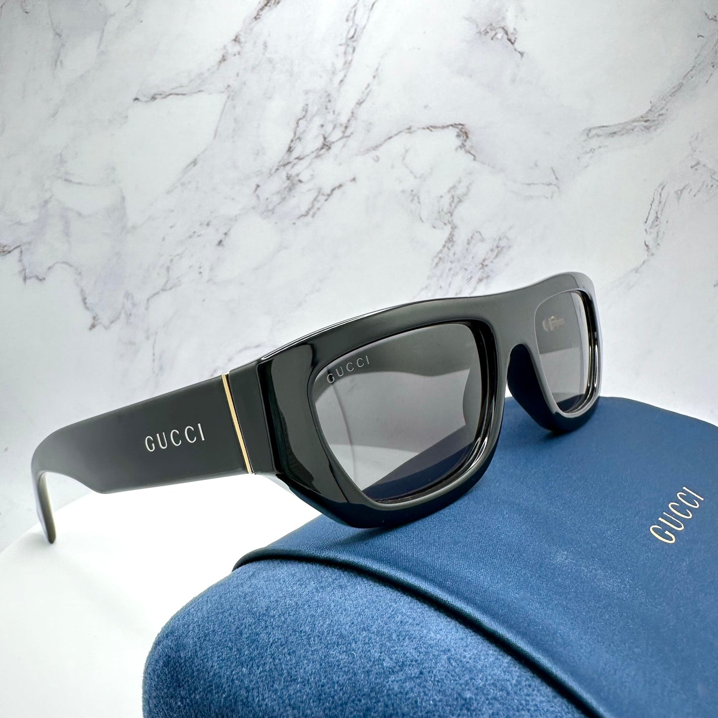 Gucci GG1134S Sunglasses Black Gold Rectangle Square White Letter Logo