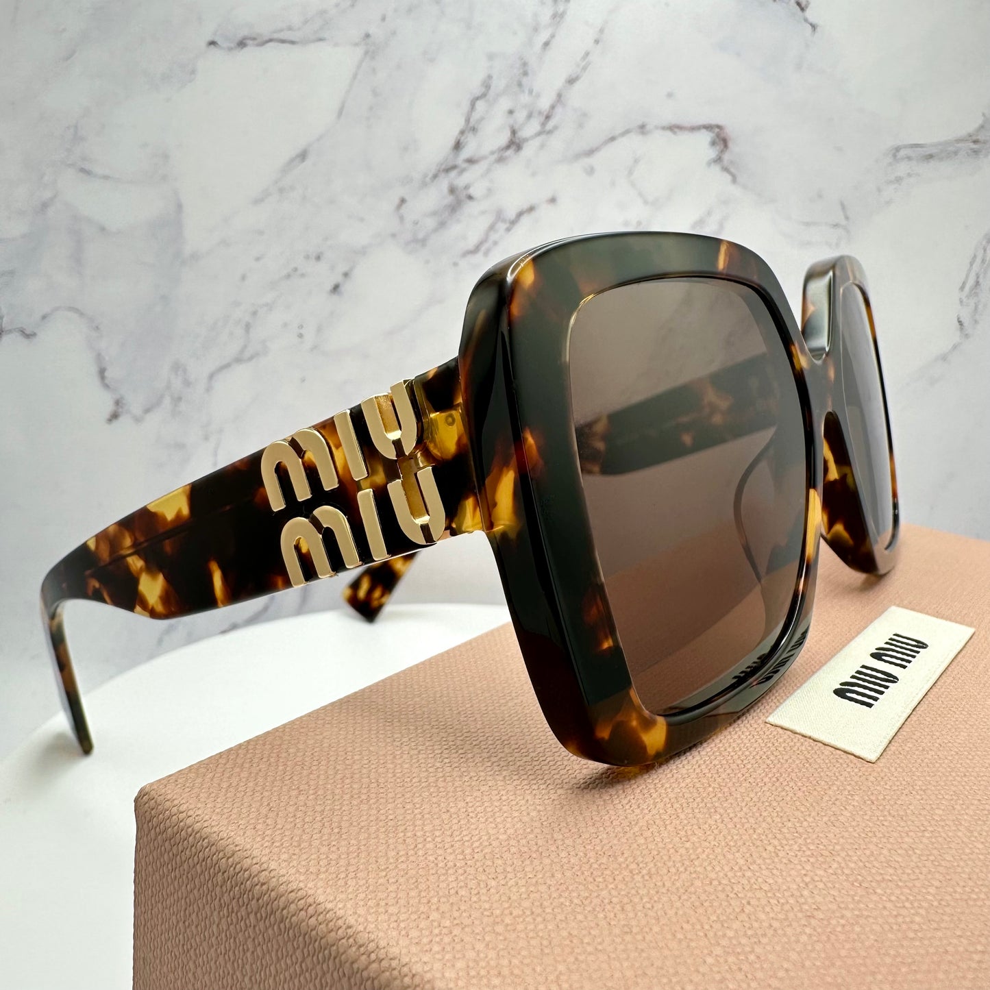 MIU MIU Sunglasses Brown Black Tortoise Shell Square Gold Logo MU10YS VAU06B