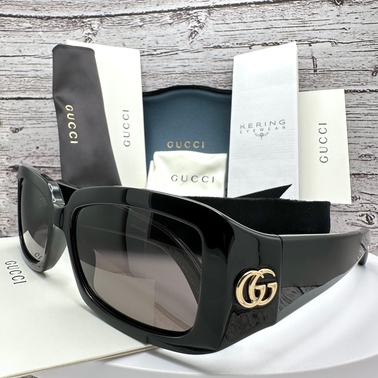 Gucci Black Gold Metal Logo Sunglasses Square Wrap Mask GG1403S