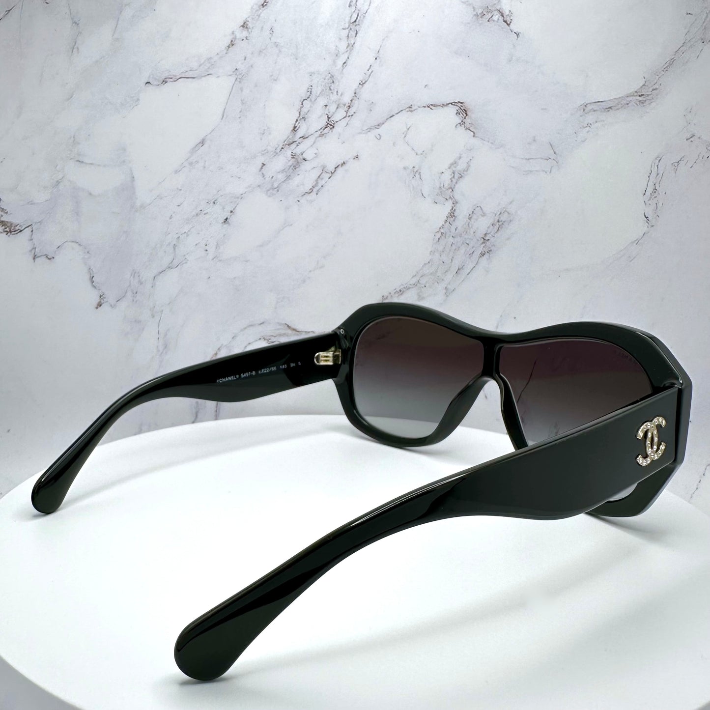 CHANEL Sunglasses Shield Aviator Black Gold Crystal CC Logo 5497B