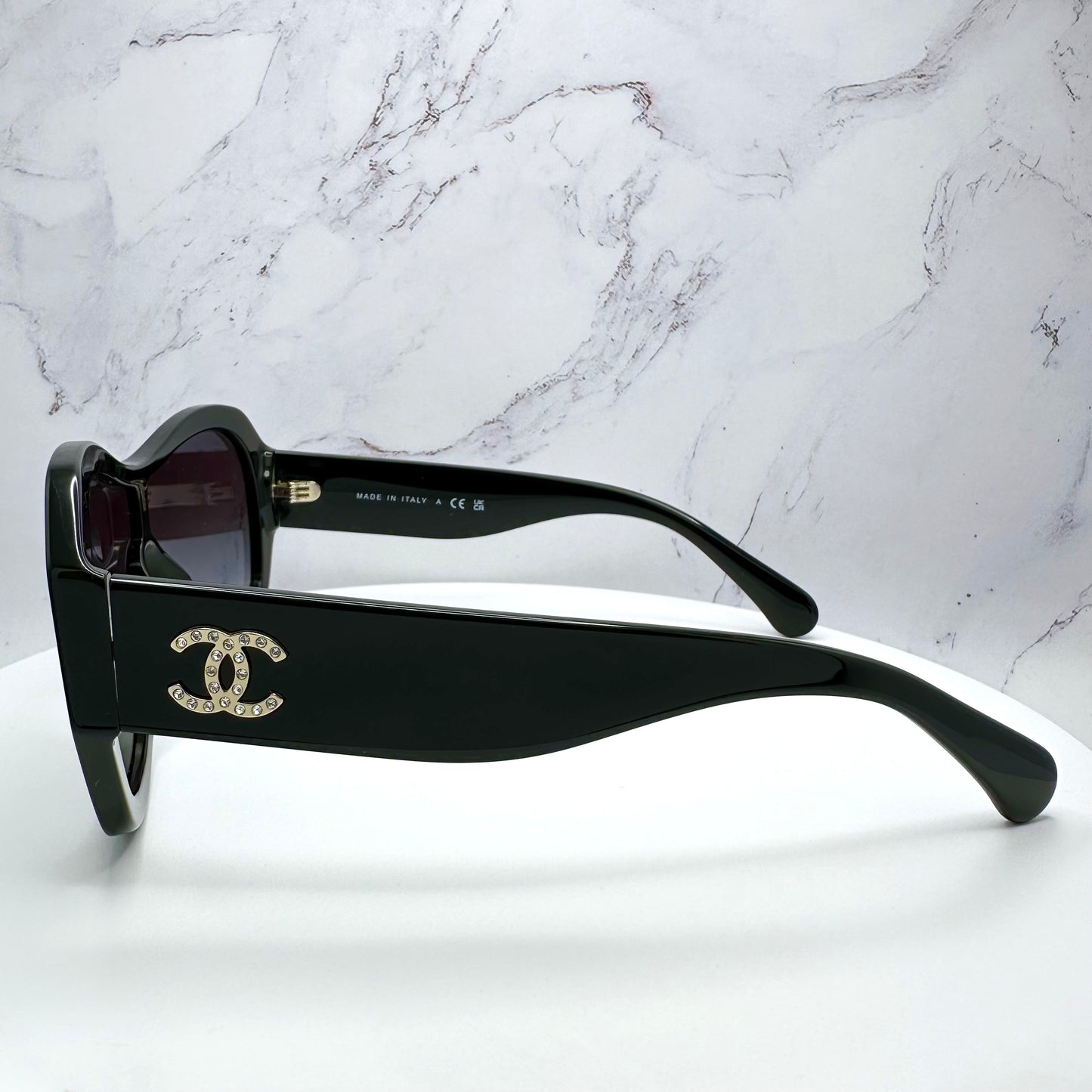 CHANEL Sunglasses Shield Aviator Black Gold Crystal CC Logo 5497B