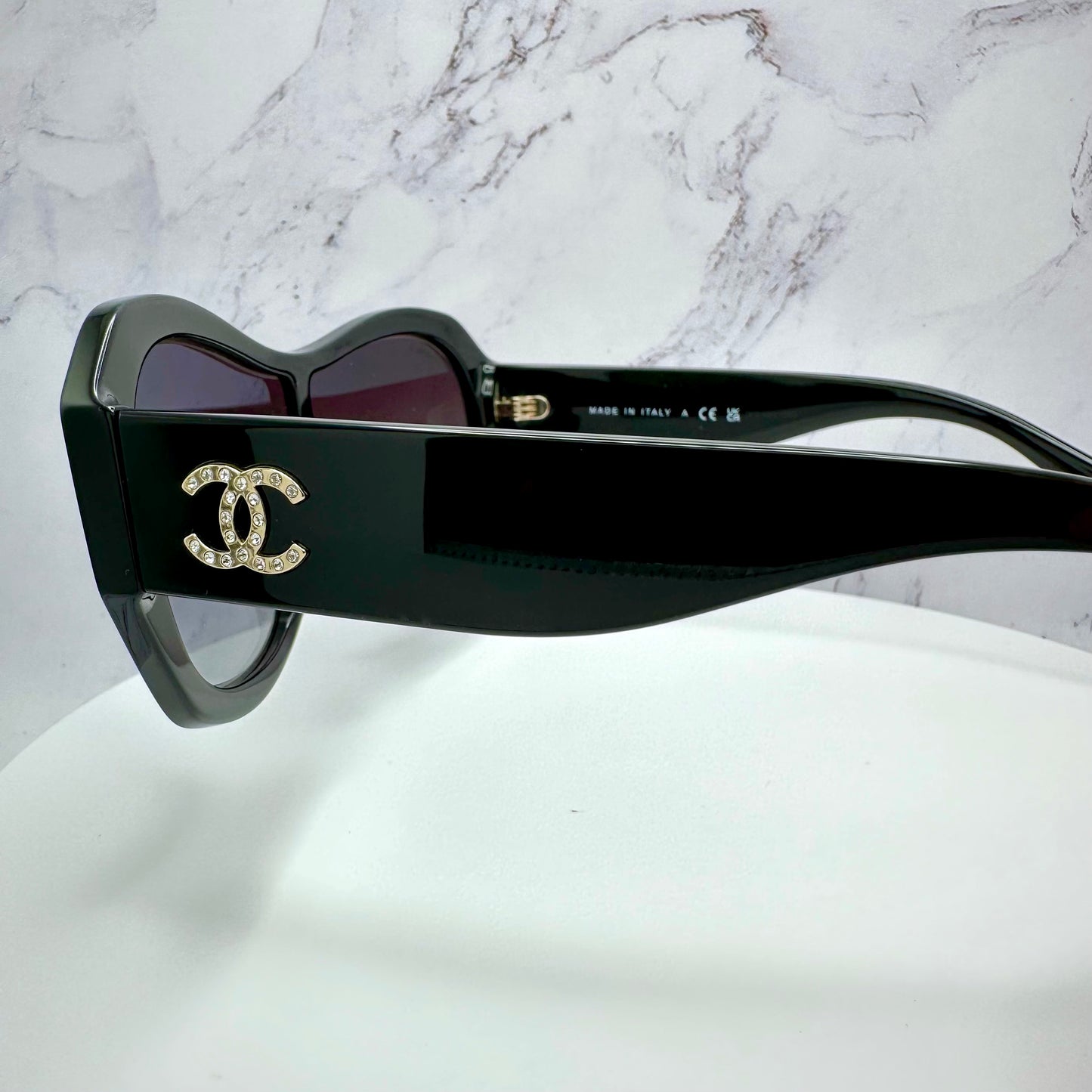 CHANEL Sunglasses Shield Aviator Black Gold Crystal CC Logo 5497B