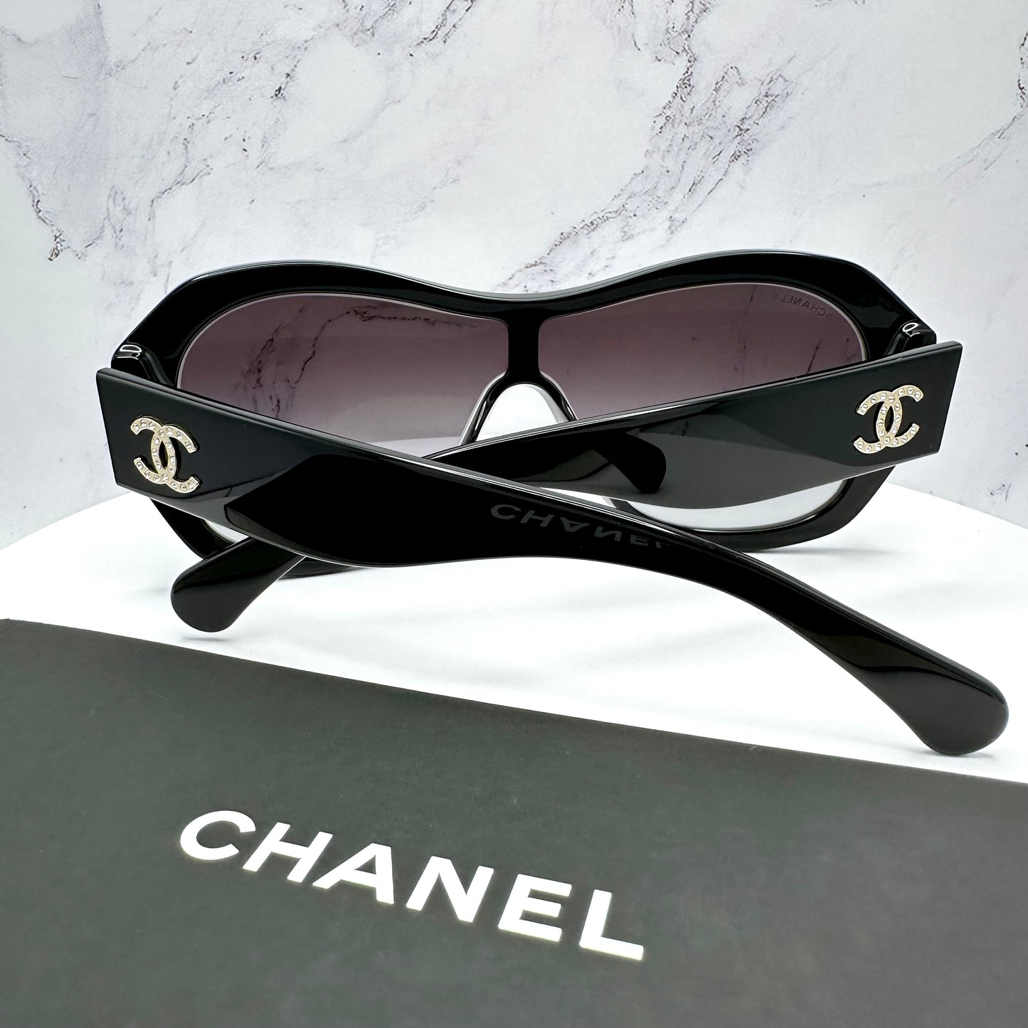 CHANEL Sunglasses Shield Aviator Black Gold Crystal CC Logo 5497B