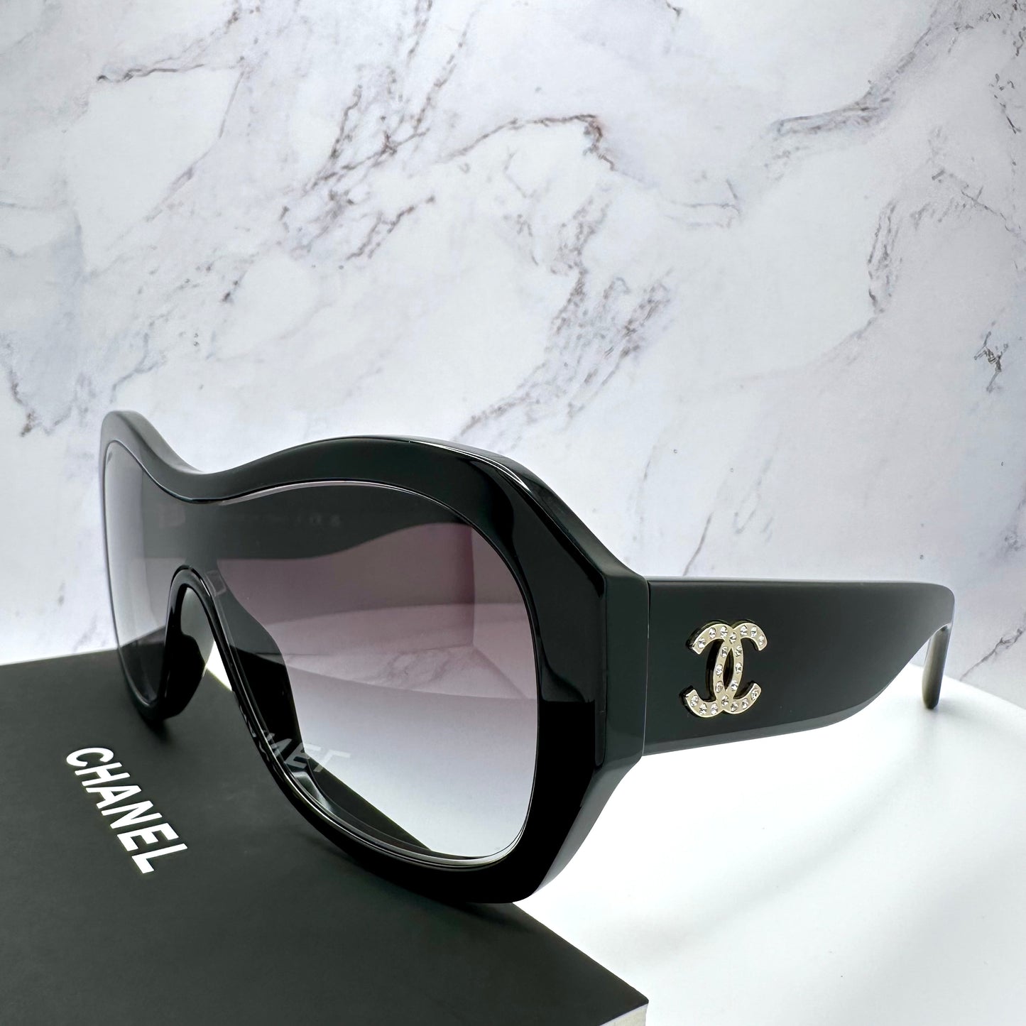 CHANEL Sunglasses Shield Aviator Black Gold Crystal CC Logo 5497B