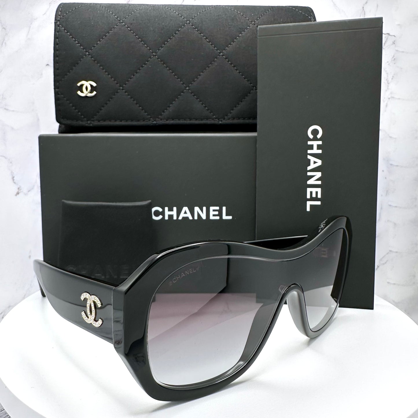 CHANEL Sunglasses Shield Aviator Black Gold Crystal CC Logo 5497B