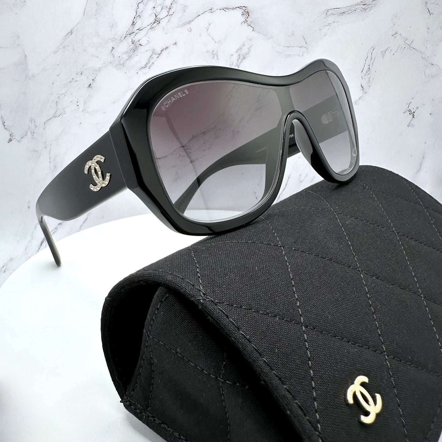 CHANEL Sunglasses Shield Aviator Black Gold Crystal CC Logo 5497B