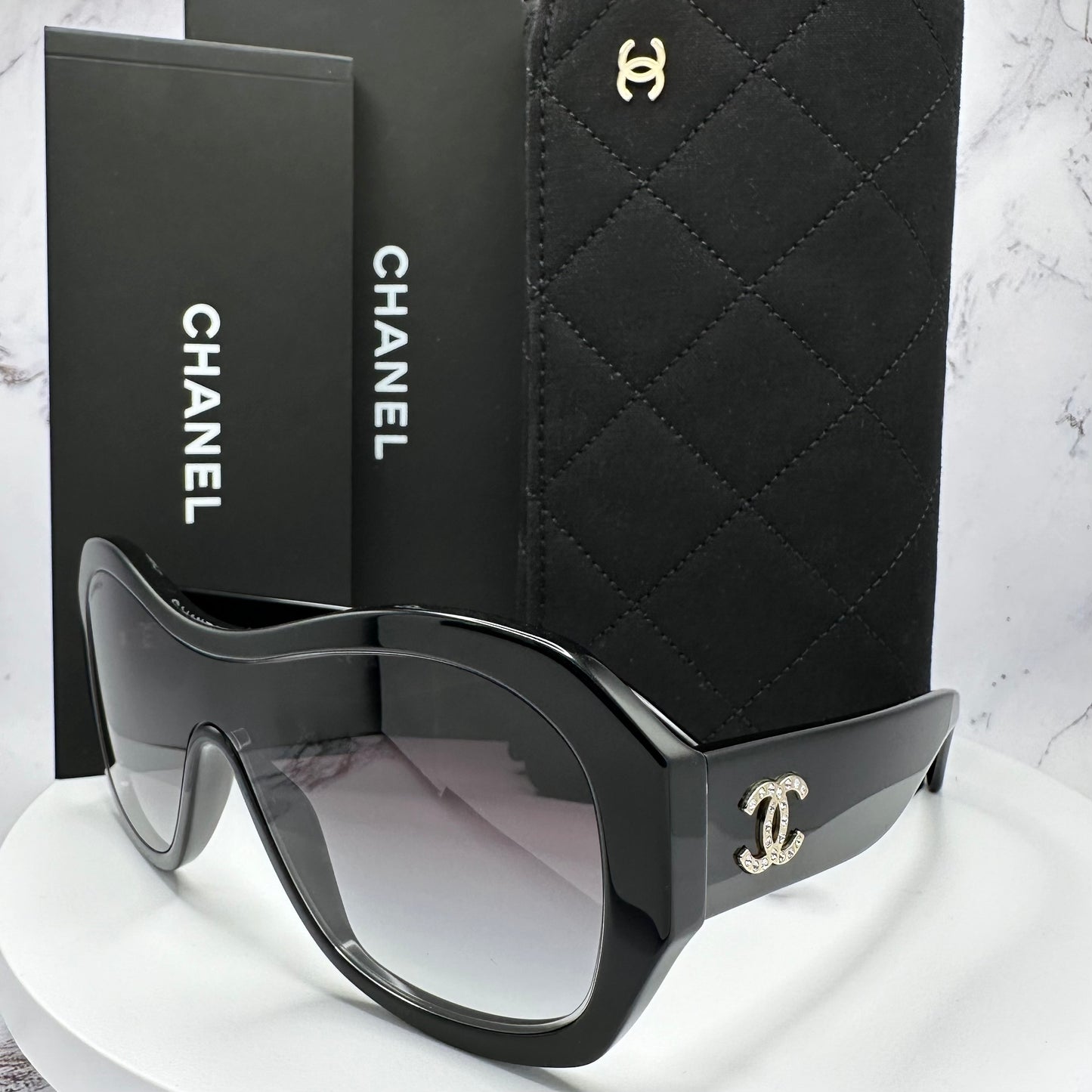 CHANEL Sunglasses Shield Aviator Black Gold Crystal CC Logo 5497B