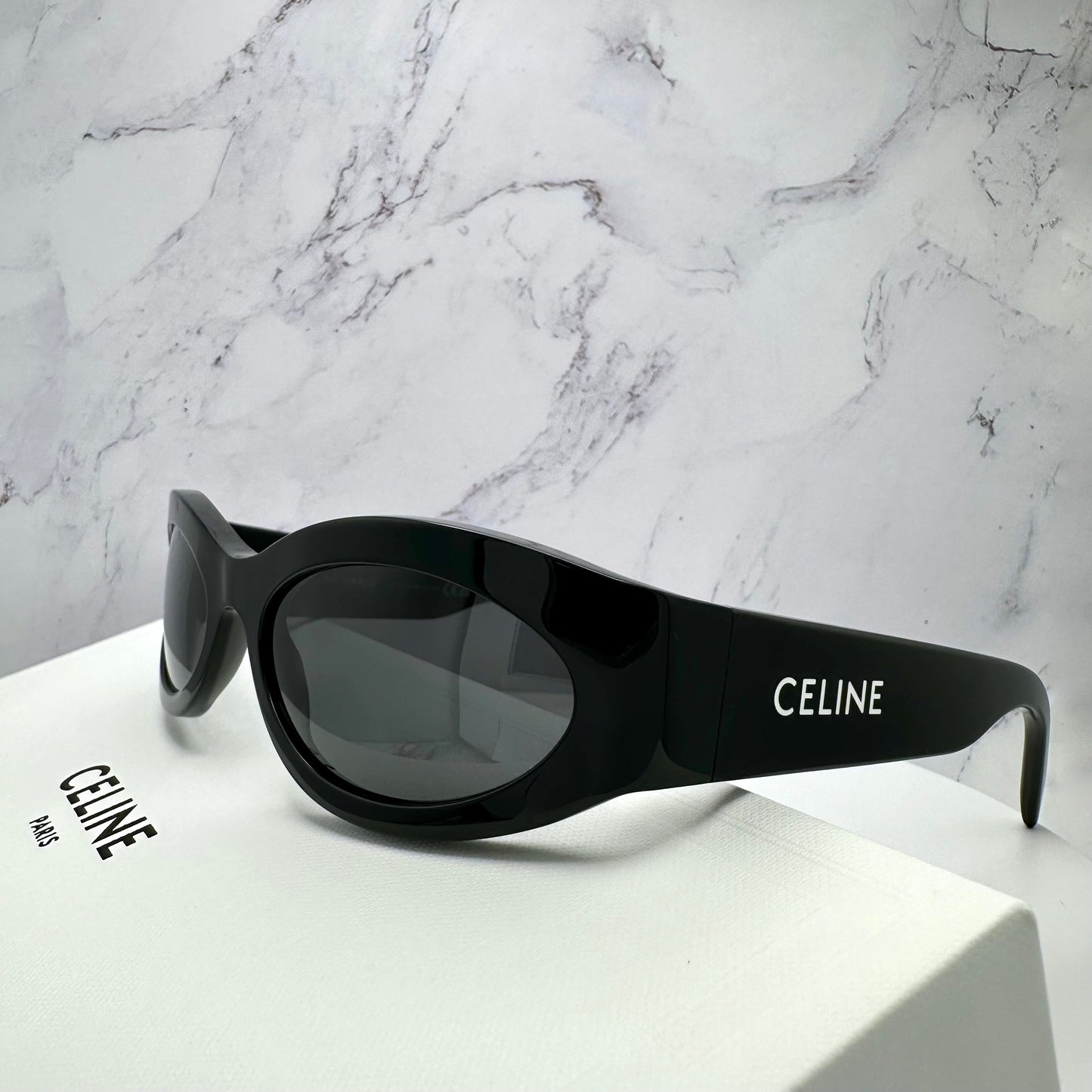 Celine Monochroms 56MM Geometric Sunglasses Oval Wrap White Logo CL402881 01A