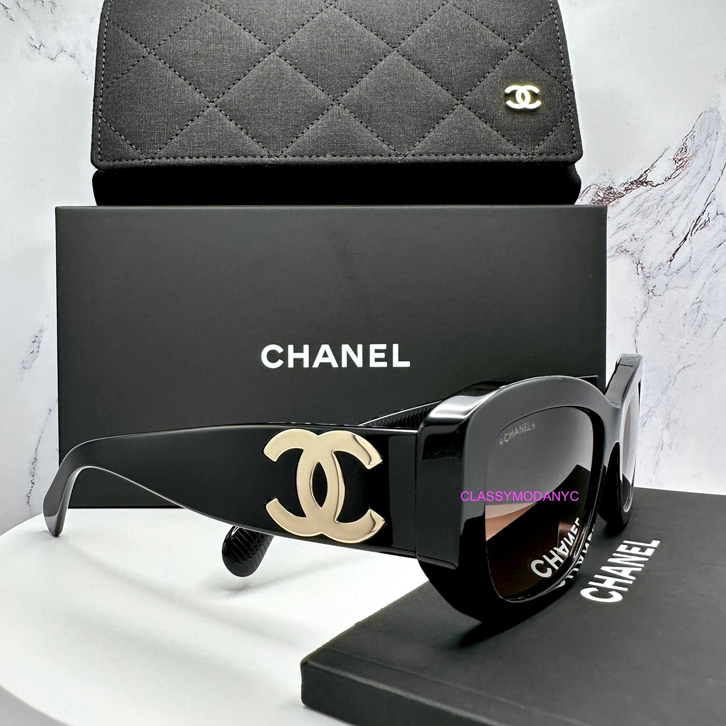 CHANEL Sunglasses CH5493 Rectangle Black Gold CC Eyewear