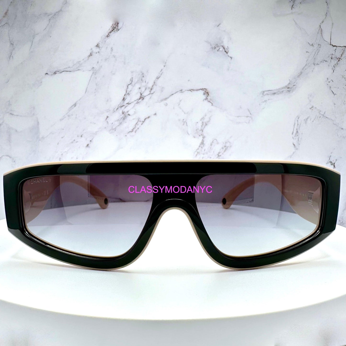 Chanel CH6057 C534/S6 black sunglasses with beige CC logo front view