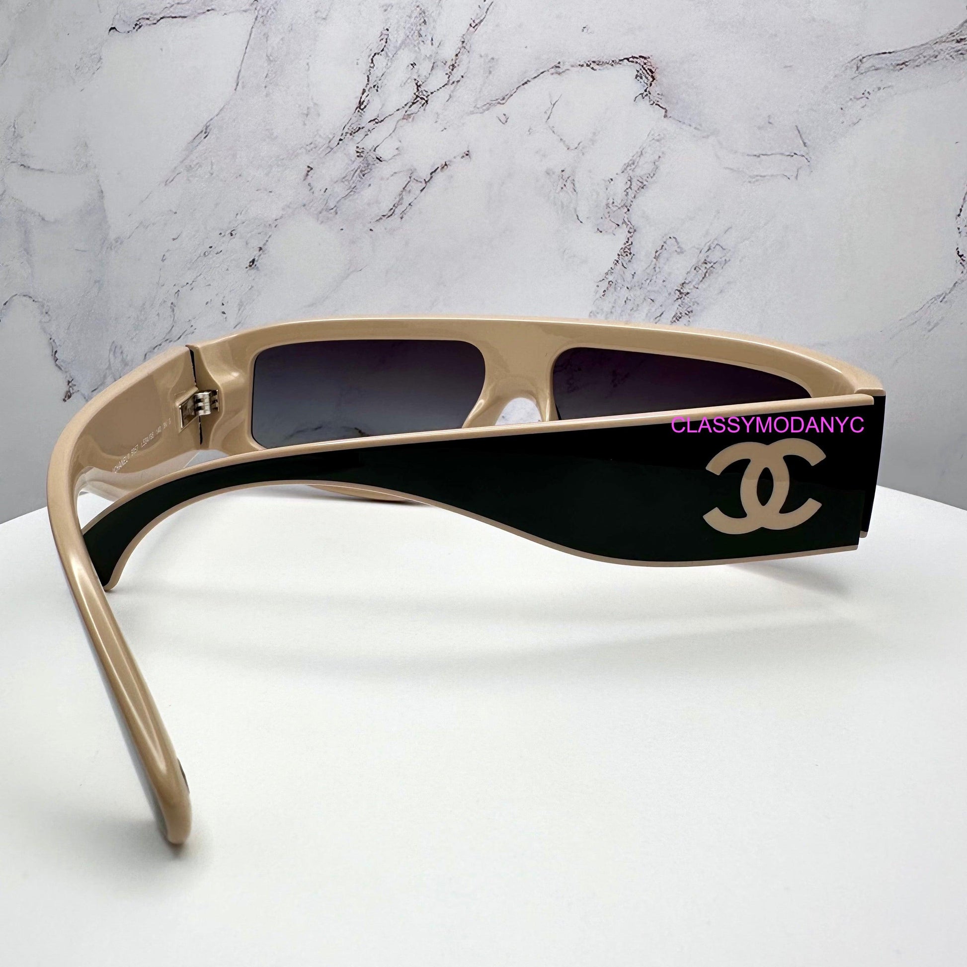 Chanel CH6057 C534/S6 black wrap sunglasses with beige CC logo back view