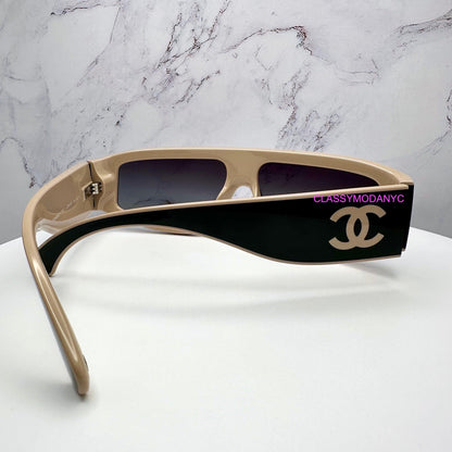 Chanel CH6057 C534/S6 black wrap sunglasses with beige CC logo back view