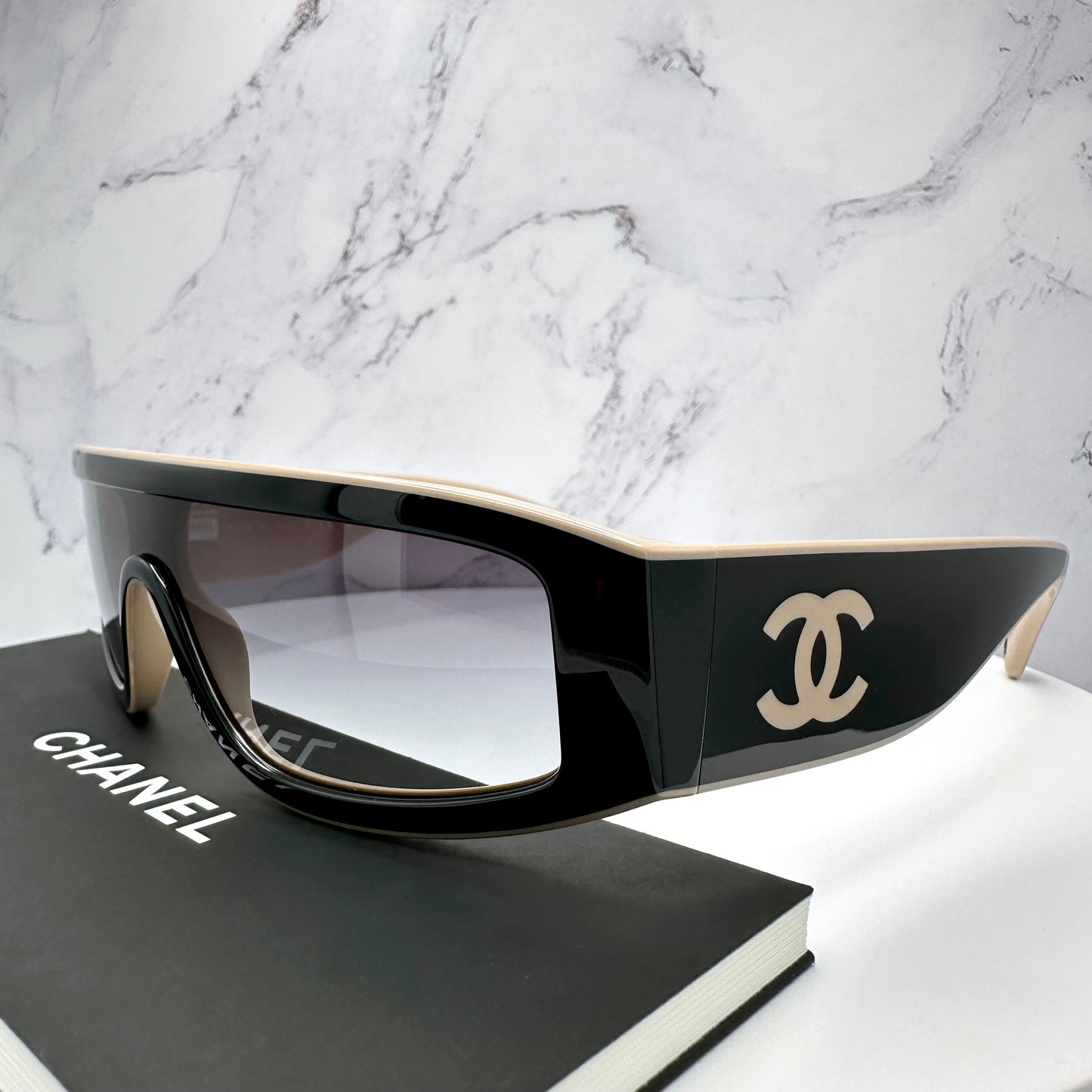 Chanel Shield Sunglasses CC Logo CH6057 Black & Beige