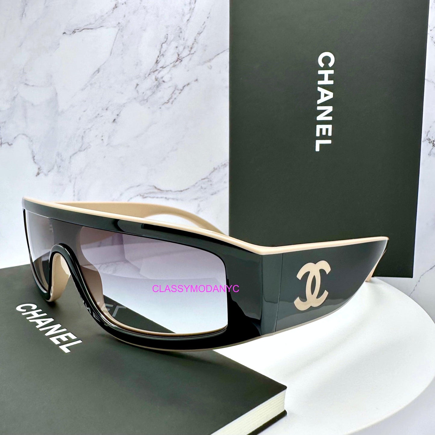 Chanel CH6057 C534/S6 black shield sunglasses with beige CC logo side view with case