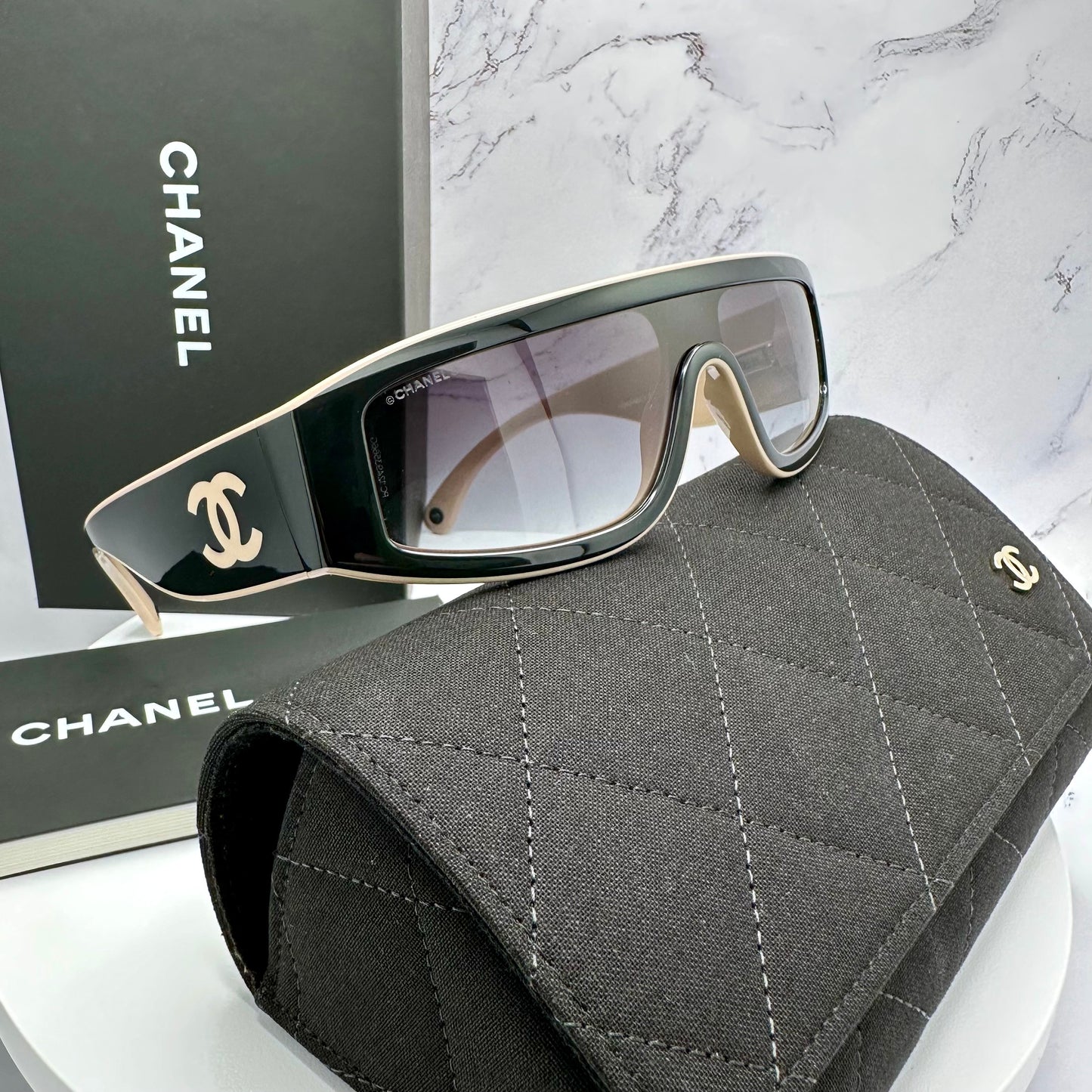 Chanel Shield Sunglasses CC Logo CH6057 Black & Beige