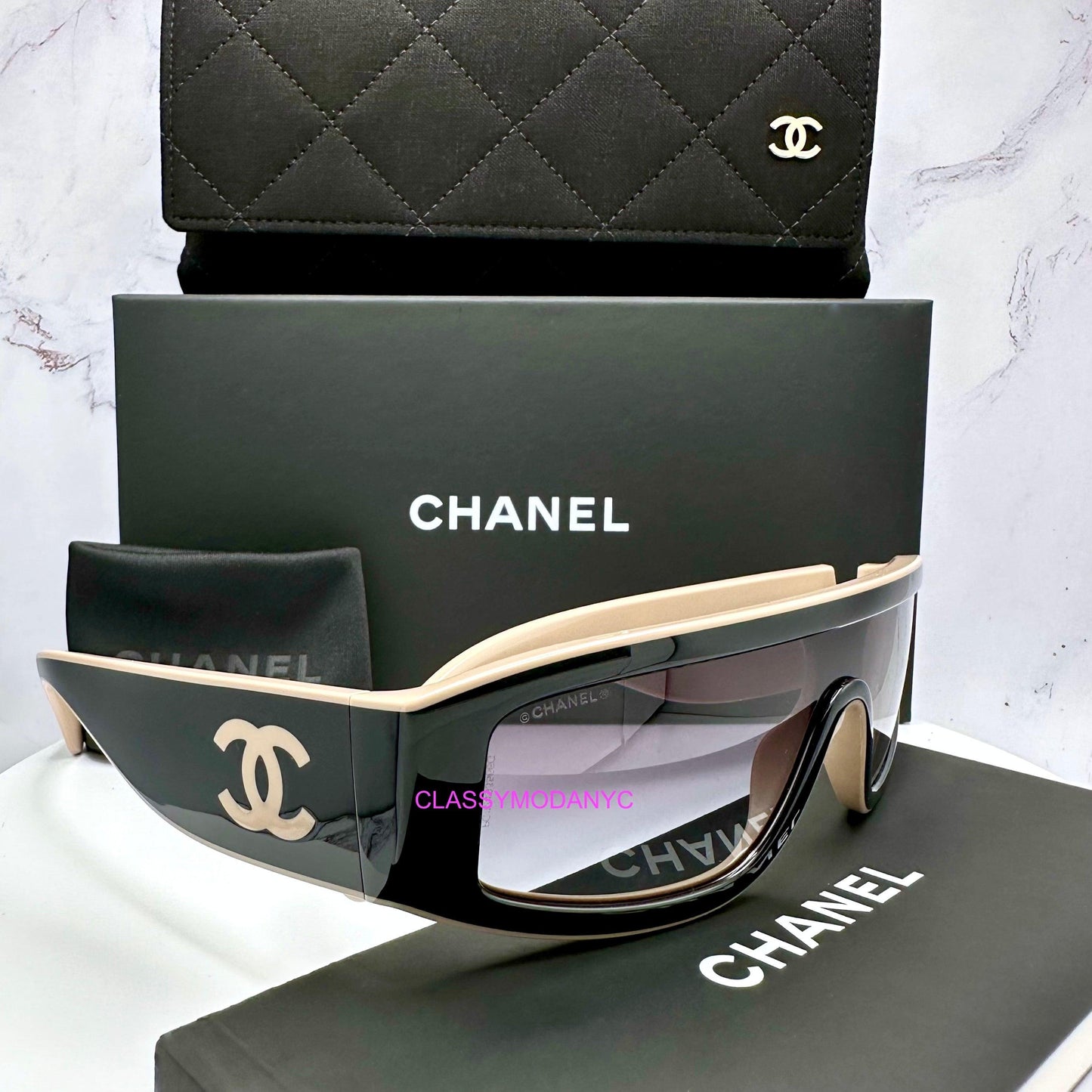 Chanel CH6057 C534/S6 black and beige shield sunglasses with interlocking CC logo side view with authentic box case packaging