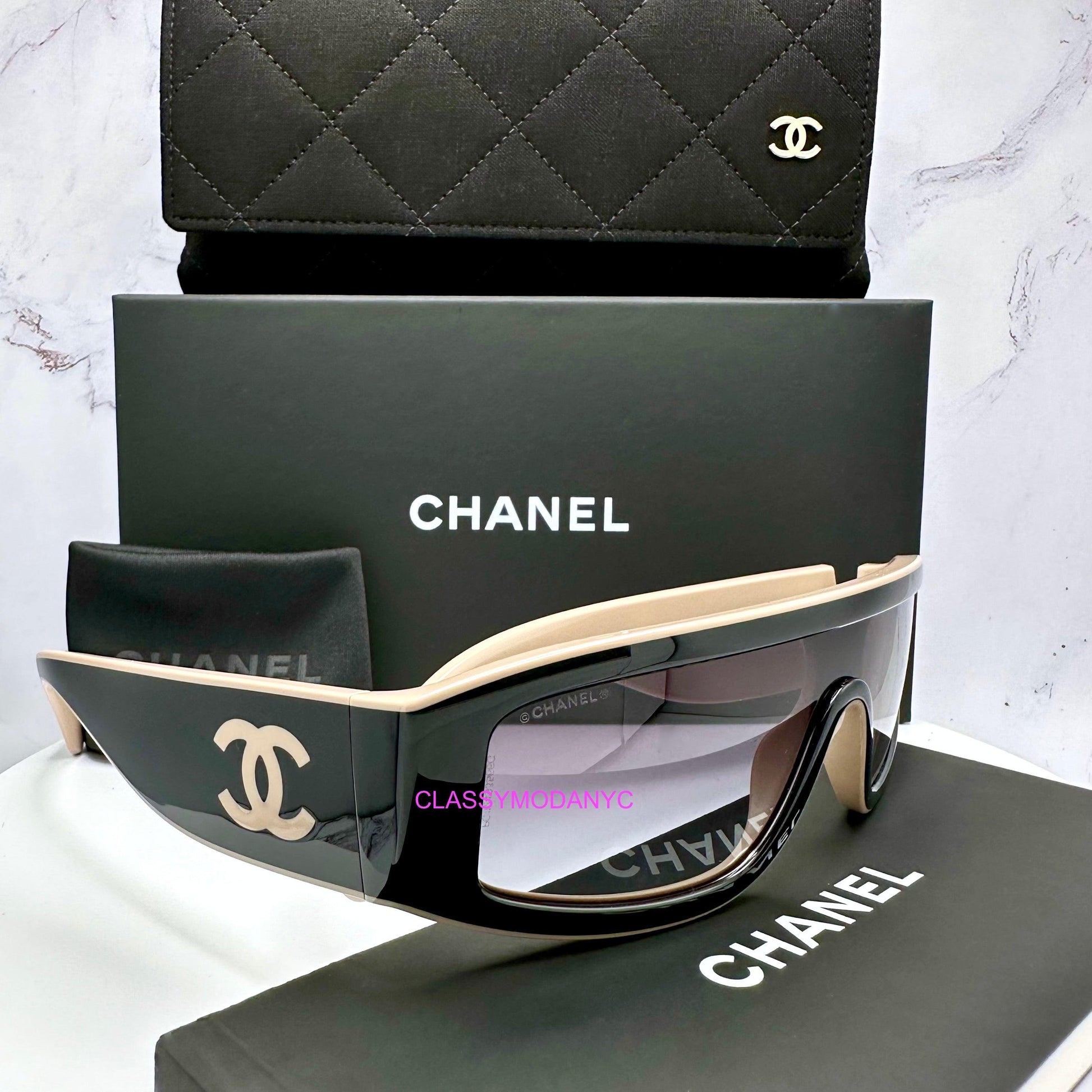 Chanel CH6057 C534/S6 black and beige shield sunglasses with interlocking CC logo side view with authentic box case packaging