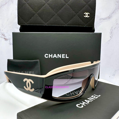 Chanel CH6057 C534/S6 black and beige shield sunglasses with interlocking CC logo side view with authentic box case packaging