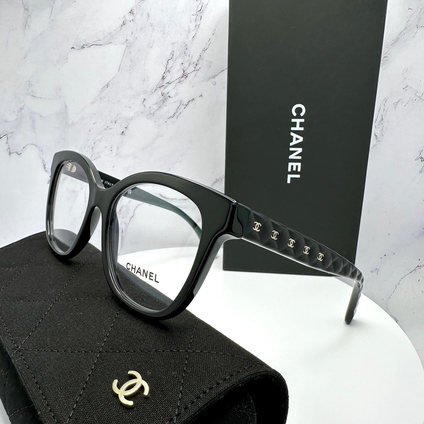 CHANEL Glasses Frames Black Gold CC Quilted 3442 53-17-140mm