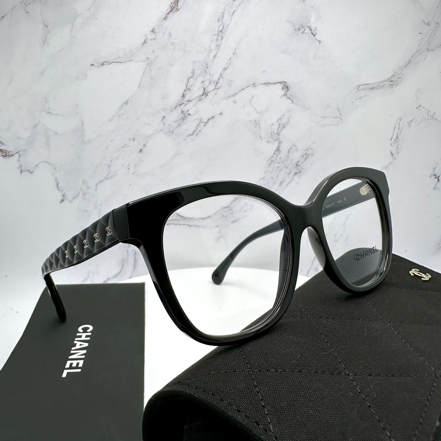 CHANEL Prescription Eyeglasses Black Gold CC Quilted 51-17-140mm