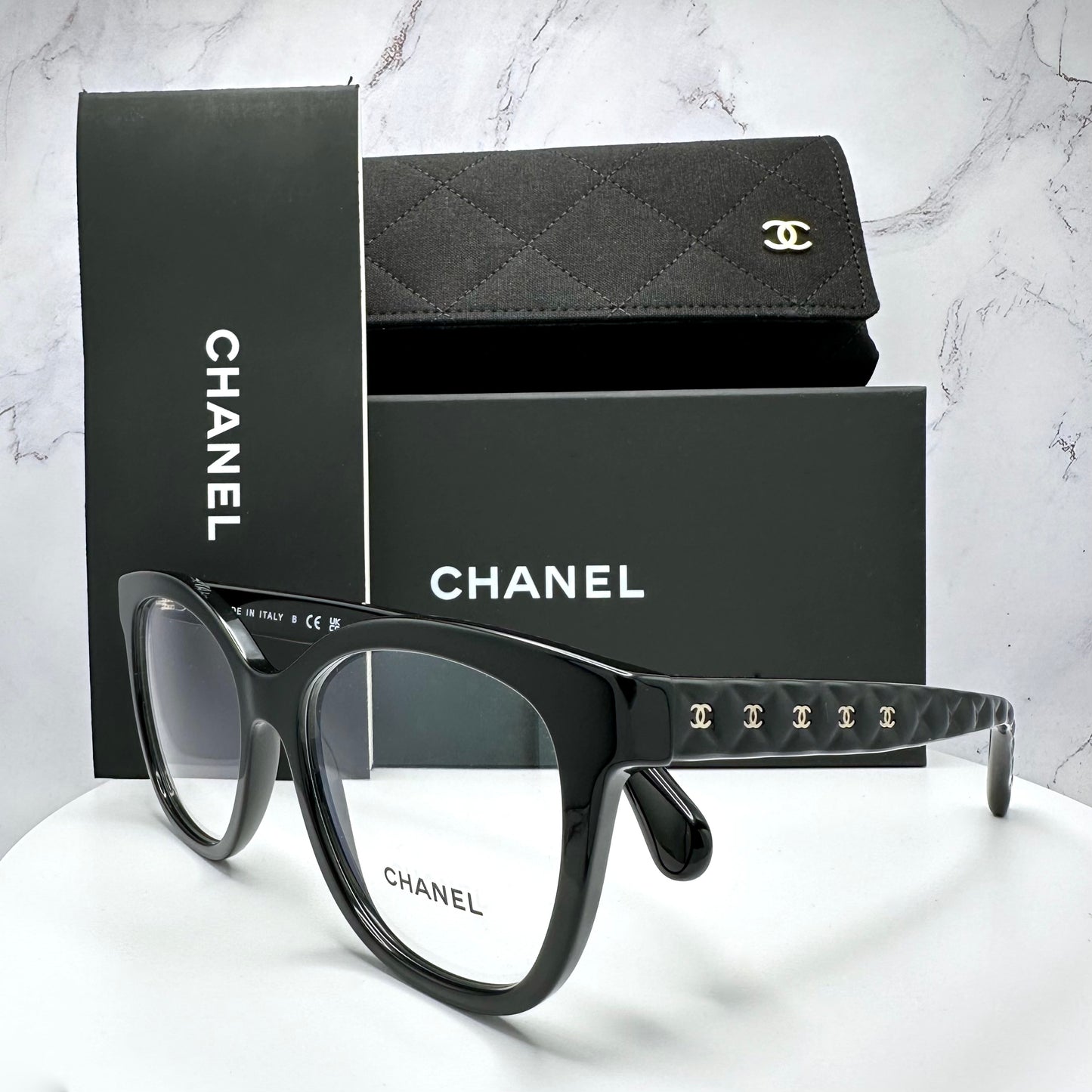 CHANEL Prescription Eyeglasses Black Gold CC Quilted 51-17-140mm