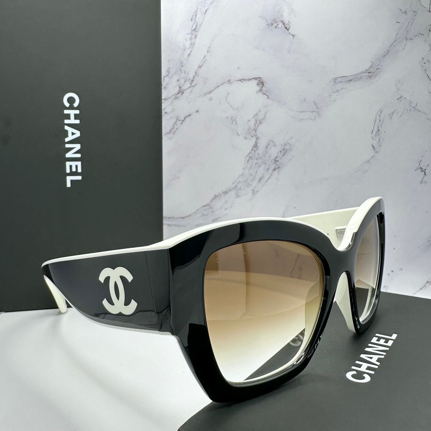 Chanel Sunglasses Black White CC Logo CH6058