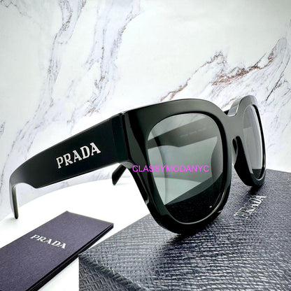 Prada PRC04S 16K08Z black square silver letter logo sunglasses side view