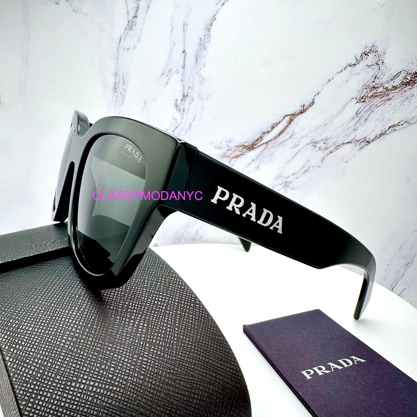 Prada PRC04S 16K08Z black square sunglasses side view with Prada case