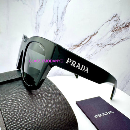 Prada PRC04S 16K08Z black square sunglasses side view with Prada case