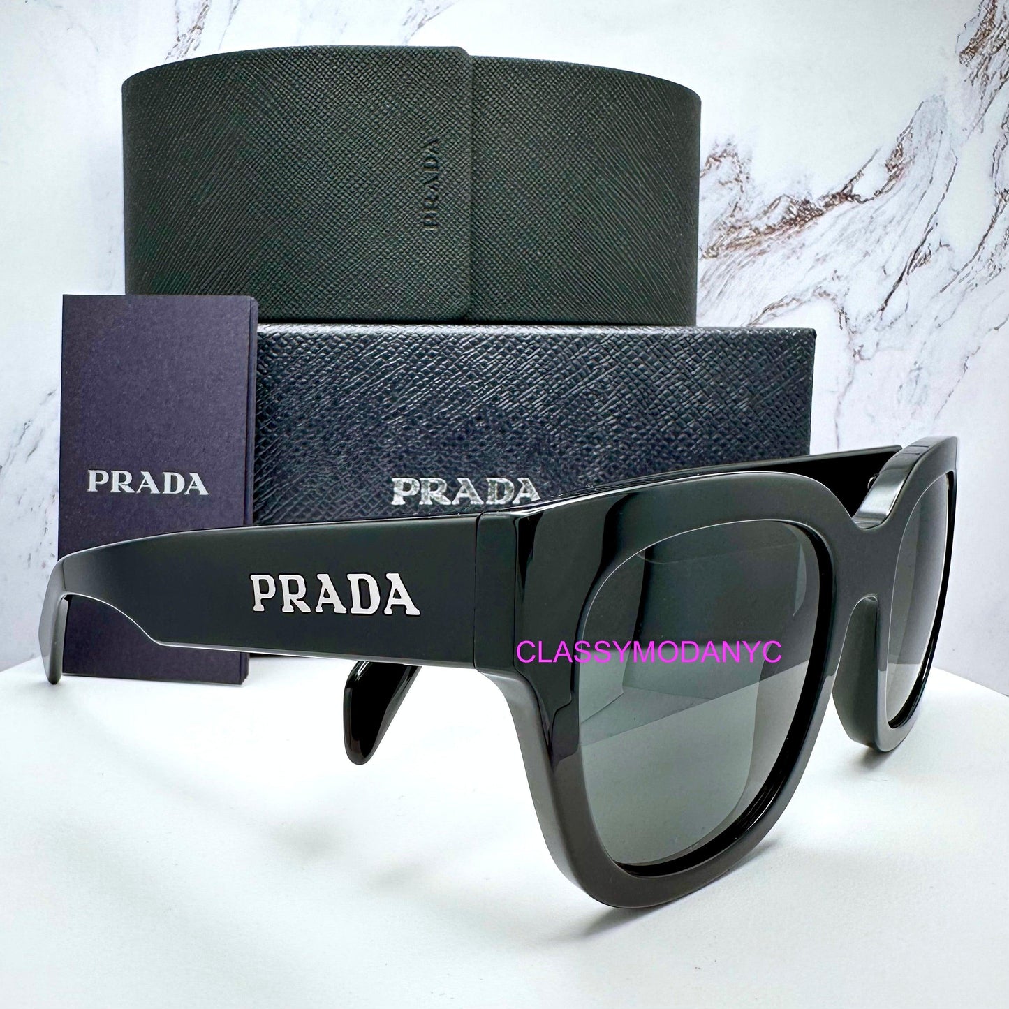 Prada PRC04S 16K08Z black square grey lens silver letter logo women's sunglasses with box and case