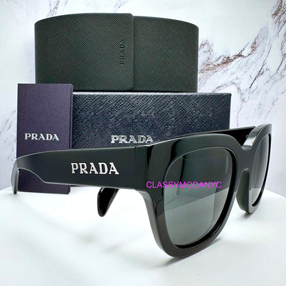 Prada PRC04S 16K08Z black square grey lens silver letter logo women's sunglasses with box and case
