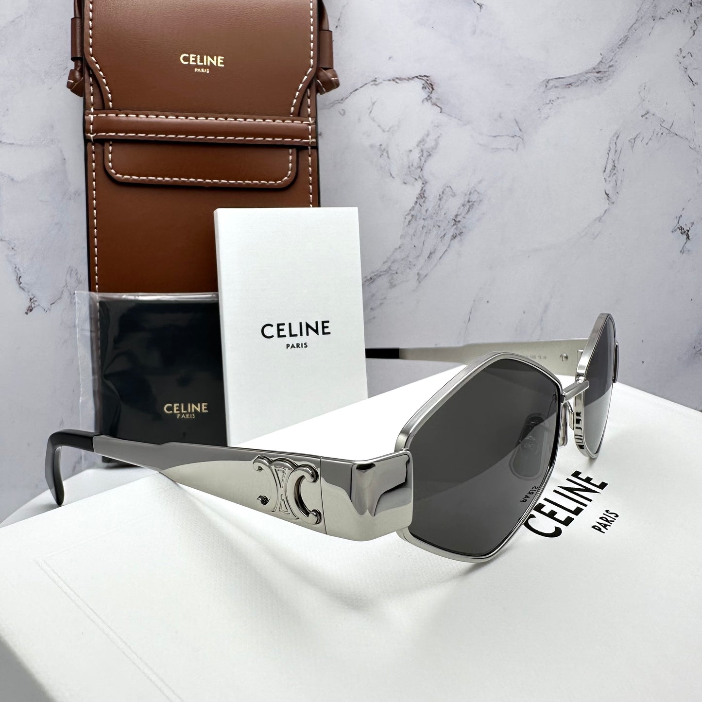 Celine Triomphe Silver Metal New Hexagon Sunglasses 54mm Authentic CL40254U 16A