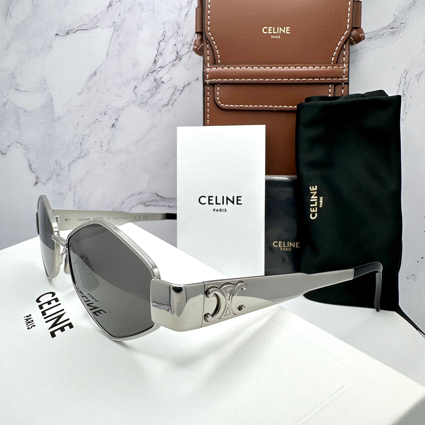 Celine Triomphe Silver Metal New Hexagon Sunglasses 54mm Authentic CL40254U 16A