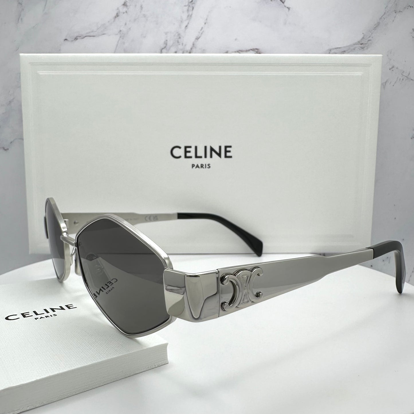 Celine Triomphe Silver Metal New Hexagon Sunglasses 54mm Authentic CL40254U 16A