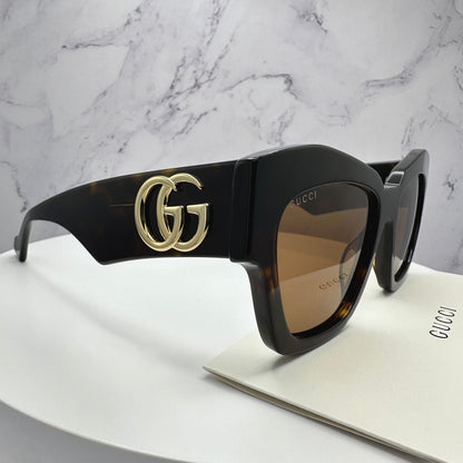 Gucci GG1422S 003 brown tortoise gold metal cat eye sunglasses side view
