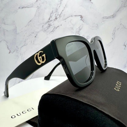 Gucci GG0998S 001 black square sunglasses with gold metal GG logo side view