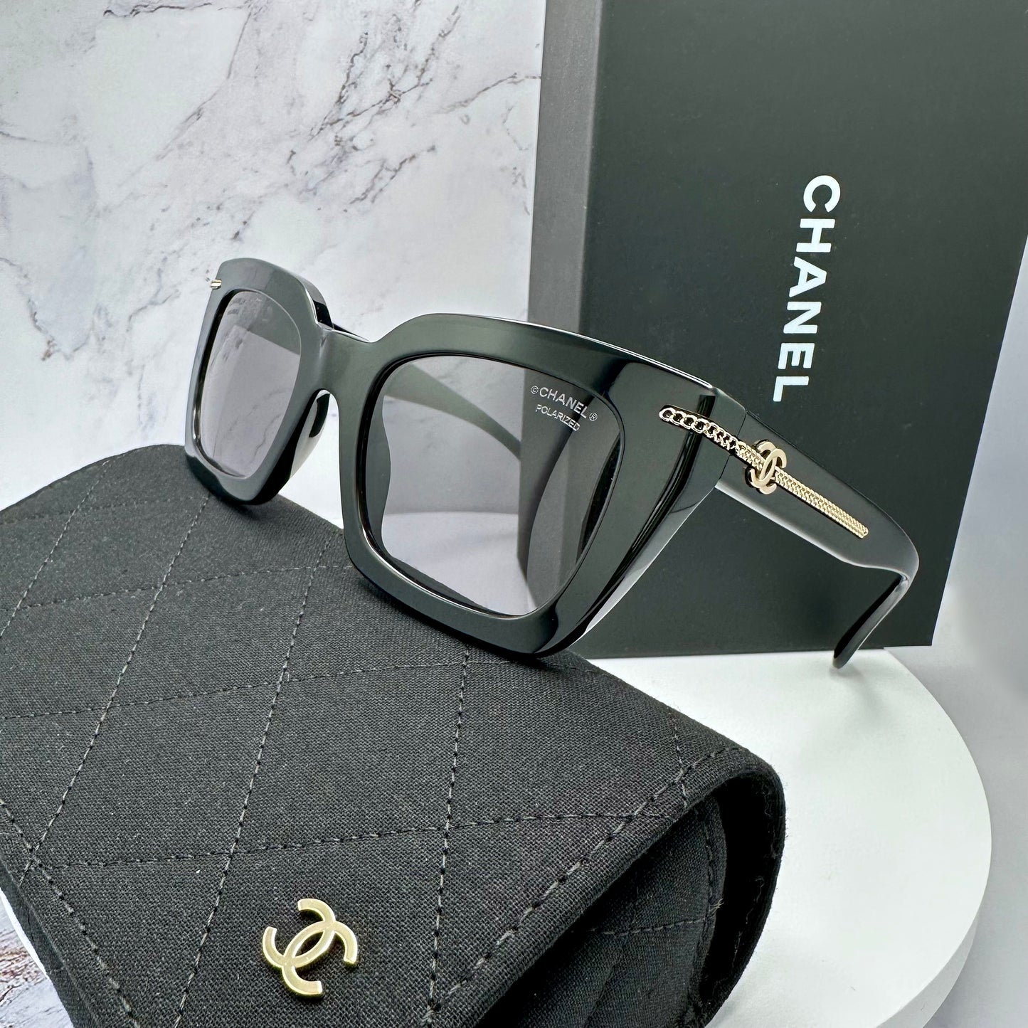 CHANEL Sunglasses Polarized Black Acetate Gold Metal Logo CH5509