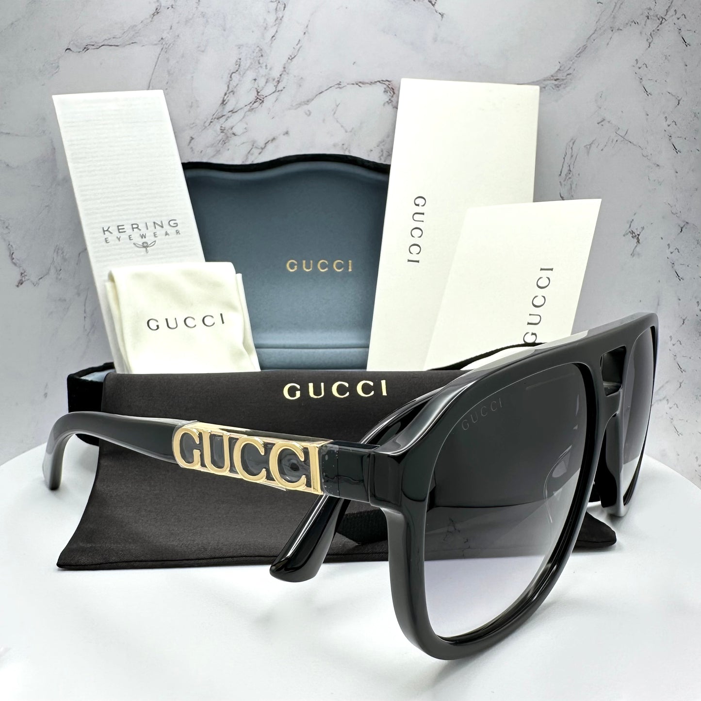 Gucci GG1188S 002 Sunglasses Aviator Black Gold Logo 