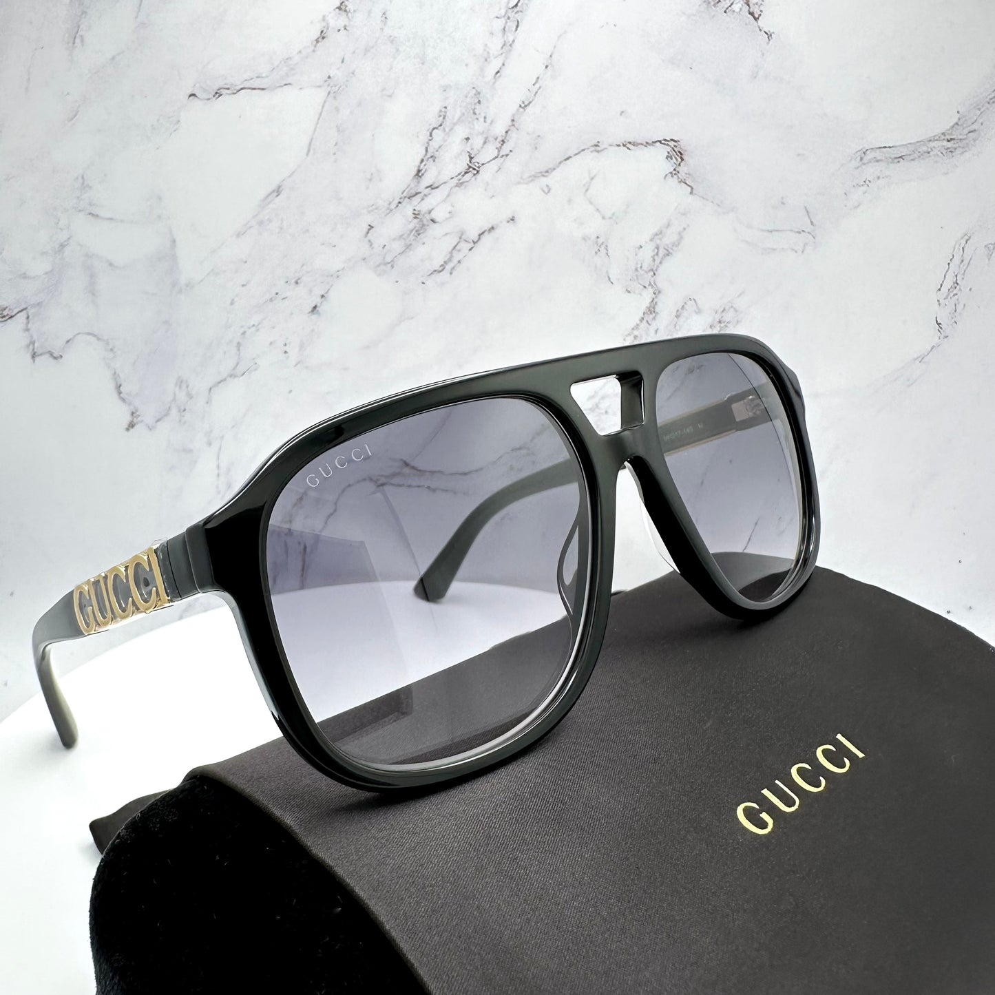 Gucci GG1188S 002 Sunglasses Aviator Black Gold Logo 