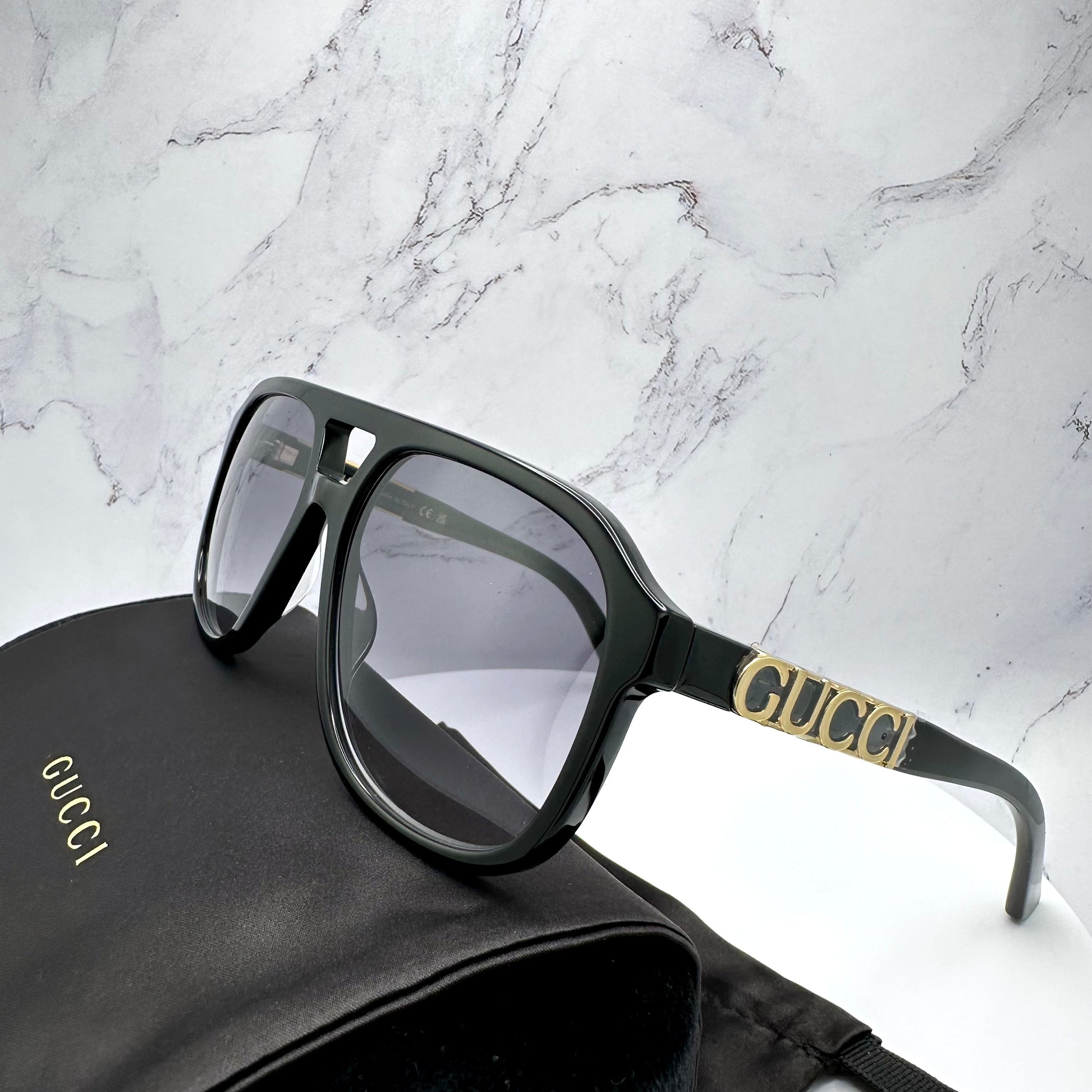 Gucci GG1188S 002 Sunglasses Aviator Black Gold Logo 